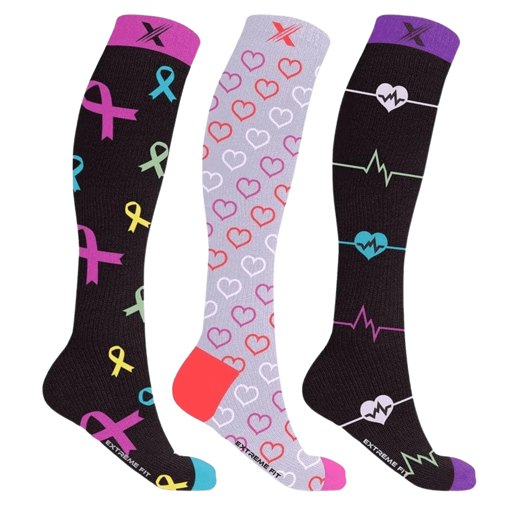 Extreme Fit - HEARTS & RIBBONS COMPRESSION SOCKS (3-PAIRS) - KNEE-LENGTH